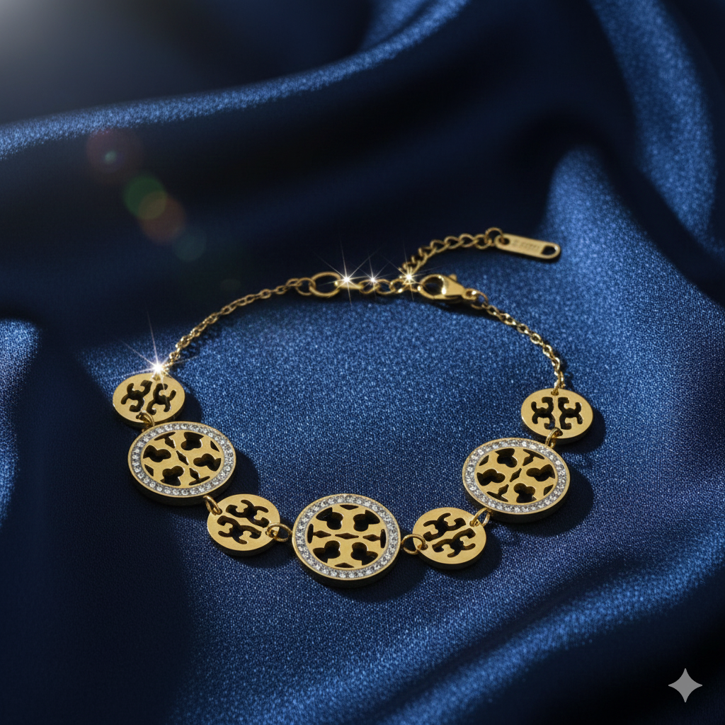 Gold Plated Logo Charm Bracelet with Pave Crystal Accents