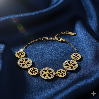 Gold Plated Logo Charm Bracelet with Pave Crystal Accents