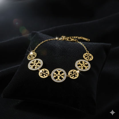 Gold Plated Logo Charm Bracelet with Pave Crystal Accents