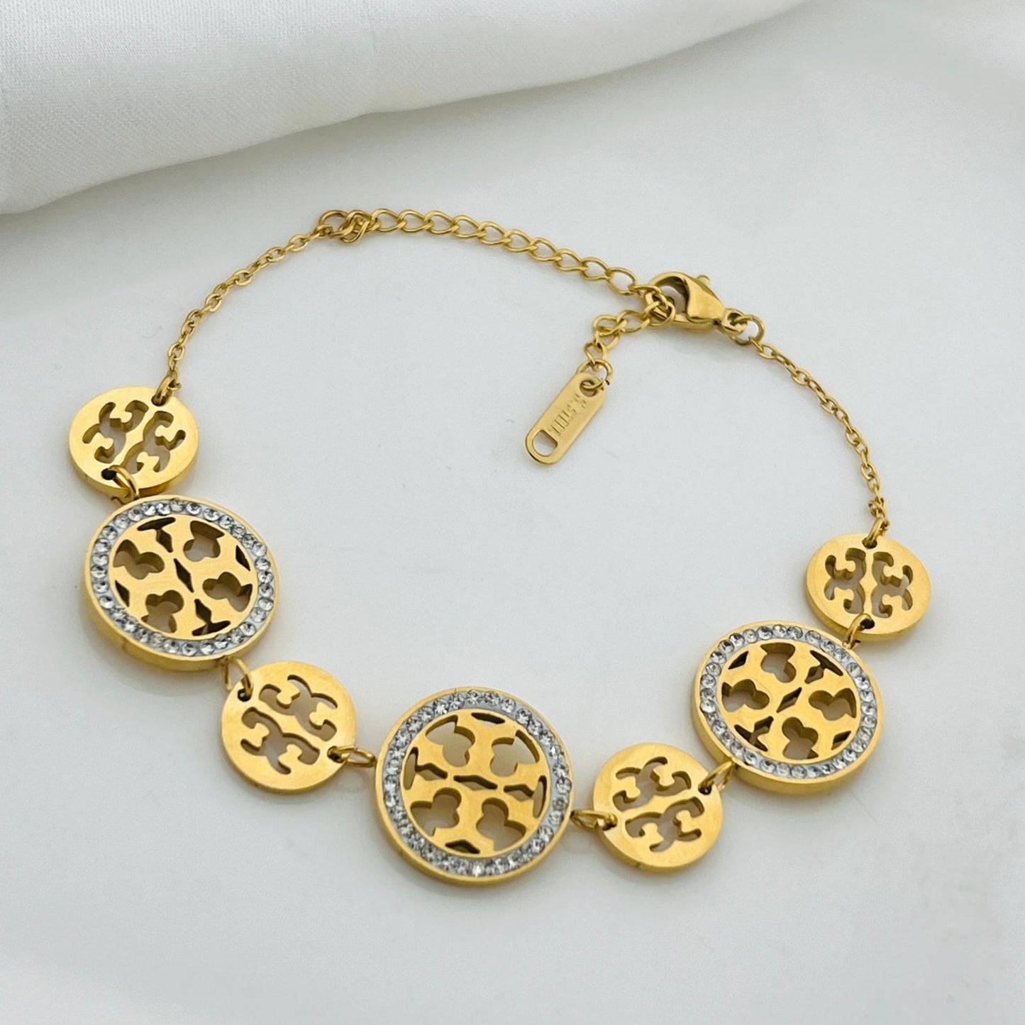 Gold Plated Logo Charm Bracelet with Pave Crystal Accents